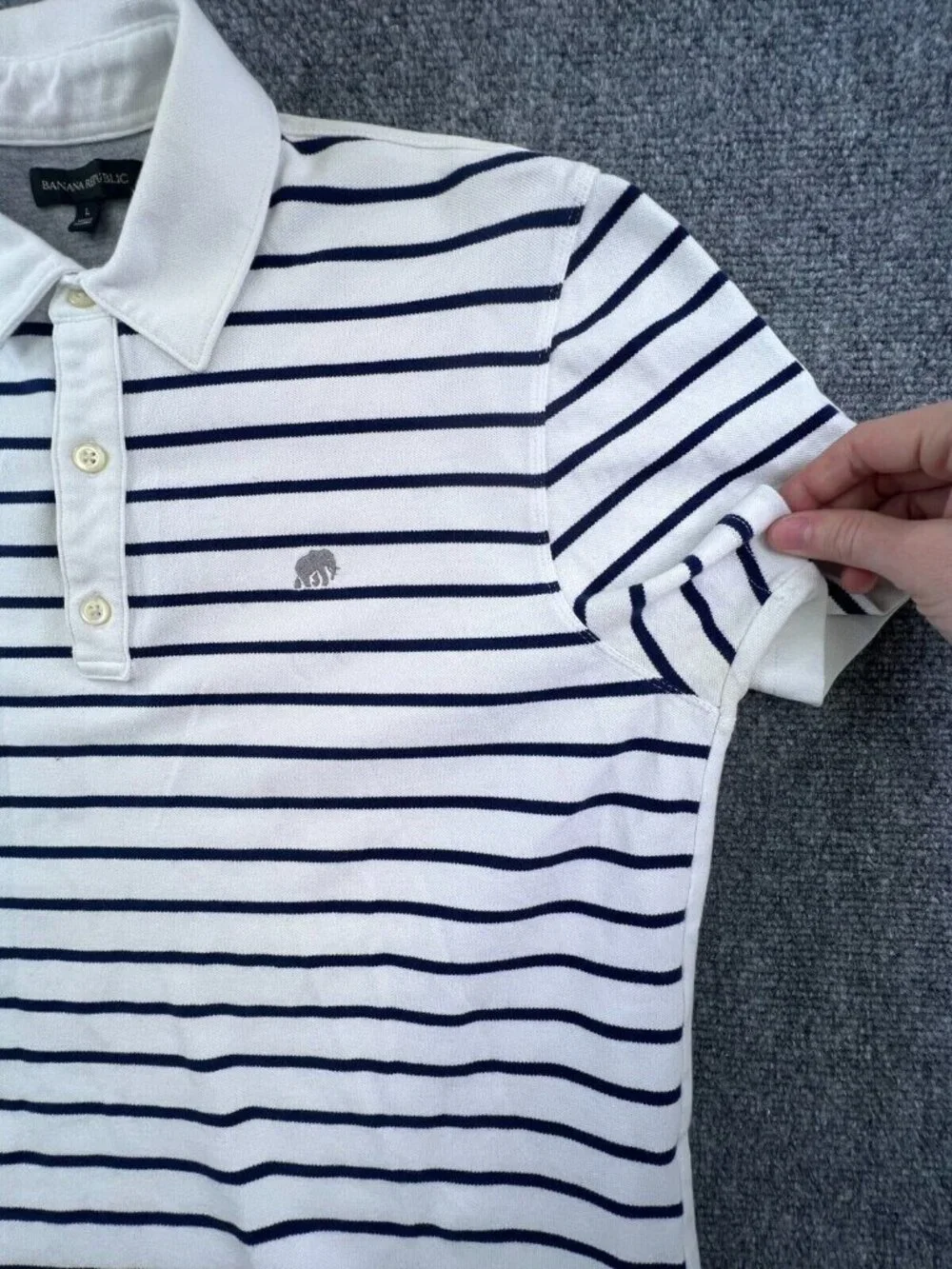 Banana Republic Polo Shirt Men's Large White Blue Striped Casual Golf Elephant